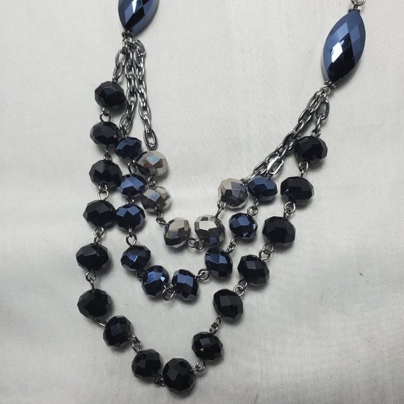 Hematite antique silver  link chain pewter/ silver beaded 3 row layered necklace - Picture 5 of 7